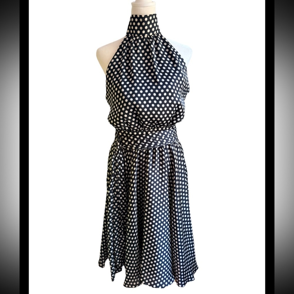 MNG (Mango) VINTAGE Black & White Polka Dot Halter Swing Dress US Sz 8 ADORABLE!